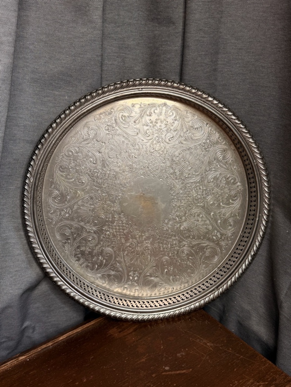 Vintage Engraved Decorative Ornate Serving Tray - Silver Tone